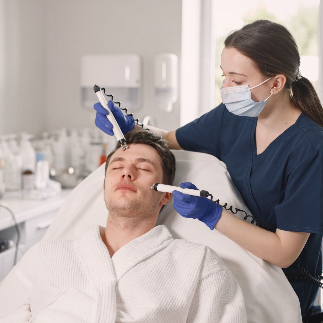 Skin treatment in progress at a dermatology clinic.